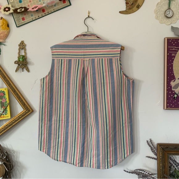 Vintage Sleeveless Unisex Vest Candy Pastel Pint Stripe Sleeveless Button Up XL - Picture 3 of 3